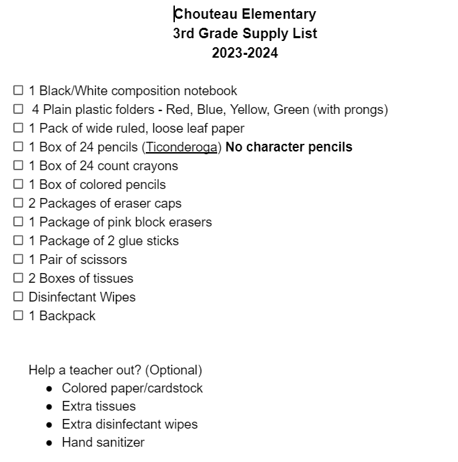 CES 3rd Grade Supply List