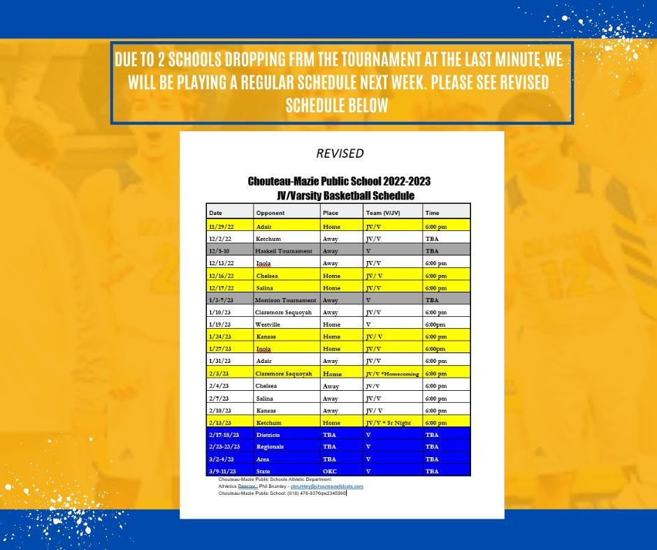 Revised Varsity Basketball Schedule | Chouteau-Mazie Public Schools