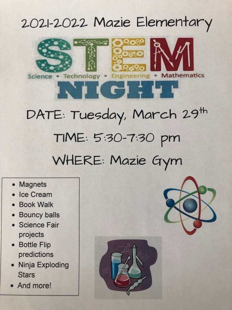 Mazie Elementary’s STEM night is tomorrow night from 5:30-7:30! Hope to see you there